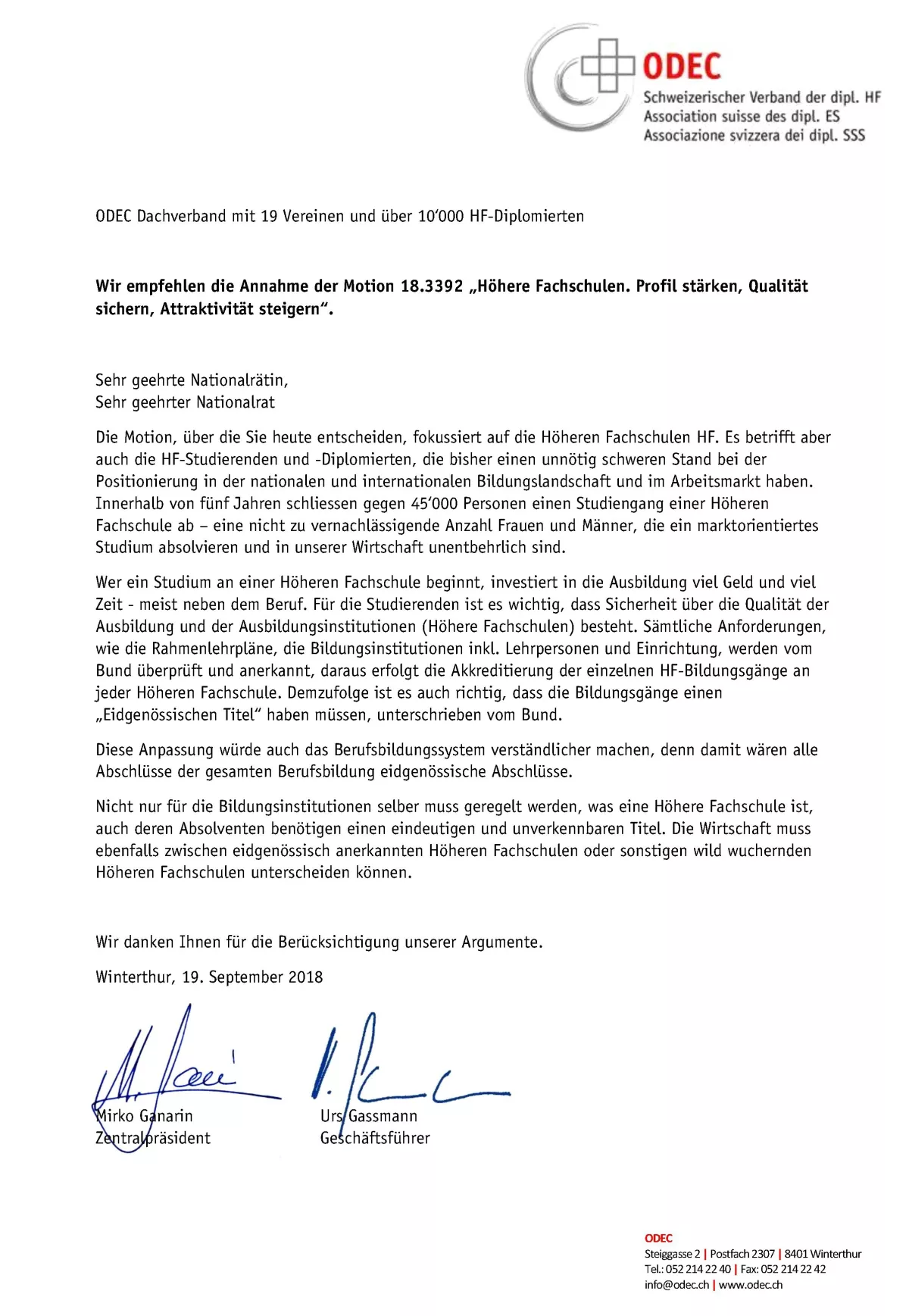 Empfehlungsschreiben an den Nationalrat